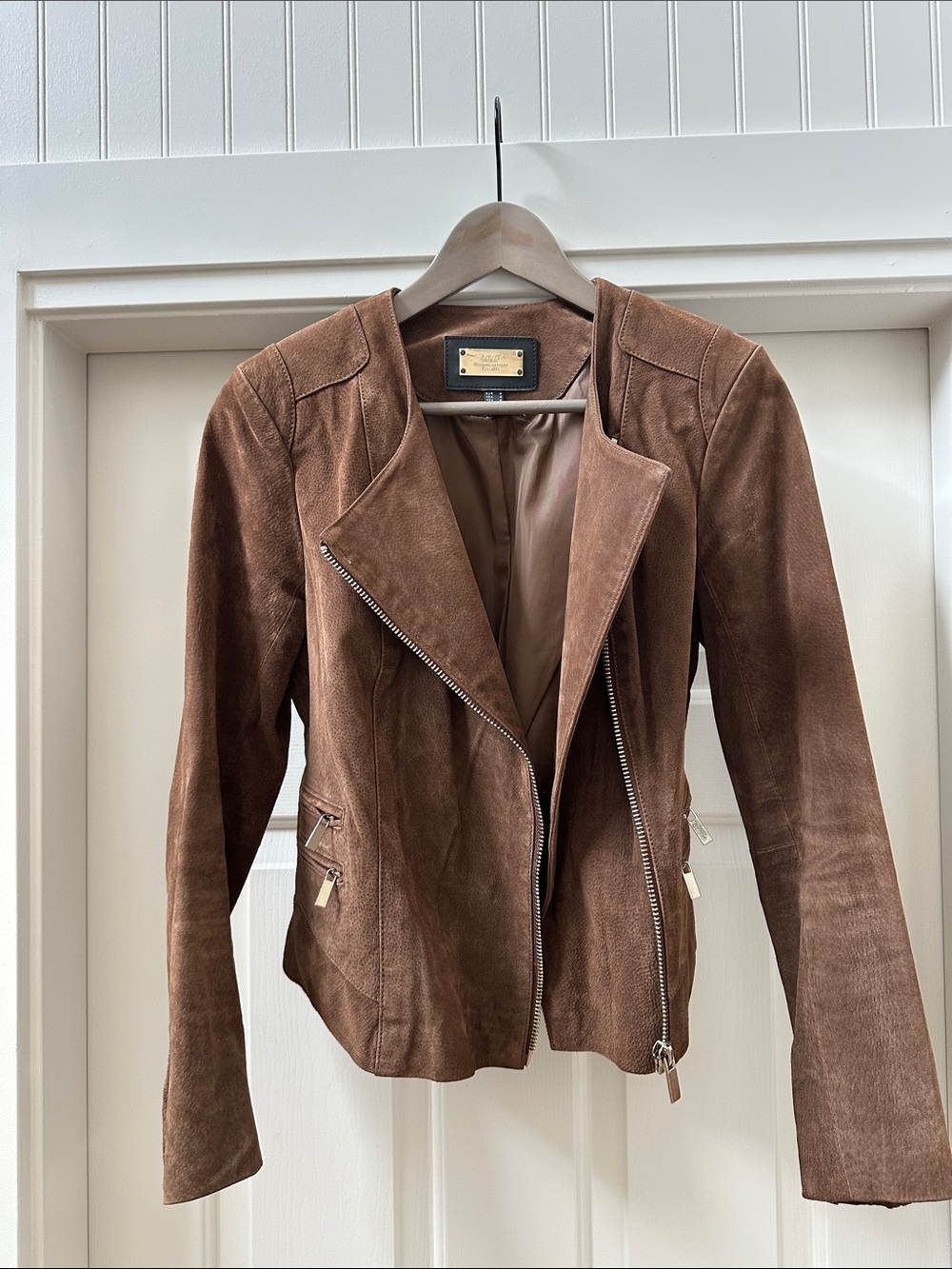 Mango Brown Suede Asymmetric Zip Leather Jacket